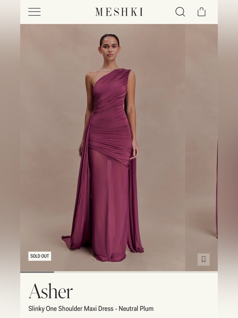 NWT Meshki Asher One-Shoulder Maxi Dress in Neutral Plum